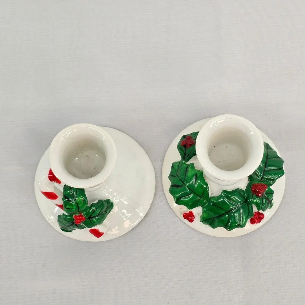 Vintage Christmas Ceramic Candle Holders Pair Holly Berry Candy Cane White 3in
